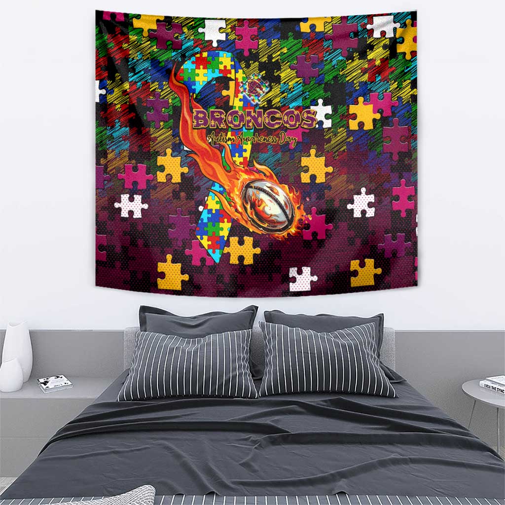 Broncos Autism Awareness Tapestry Puzzle Flames Rugby Ball