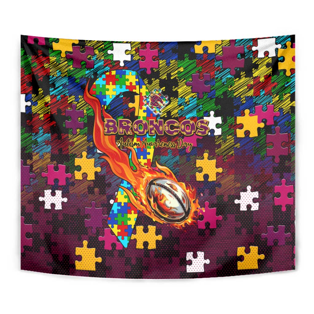 Broncos Autism Awareness Tapestry Puzzle Flames Rugby Ball