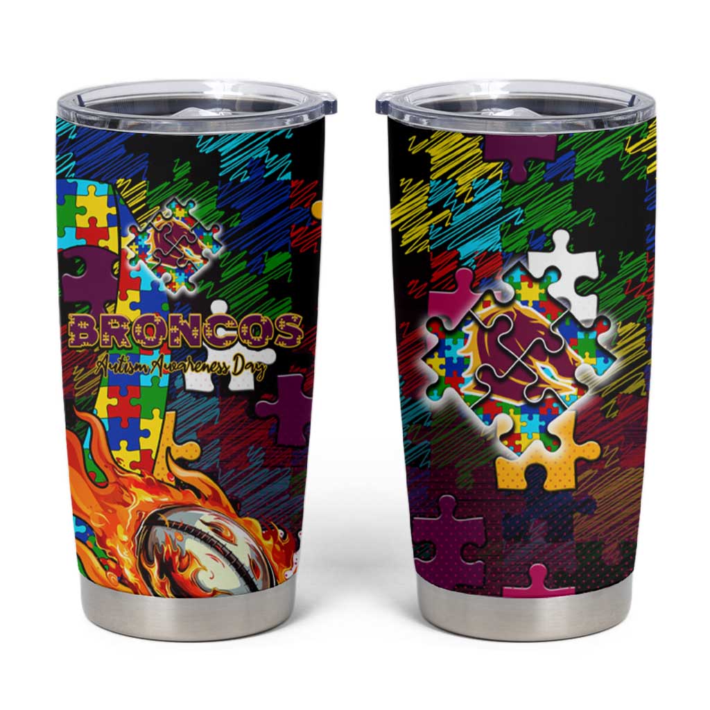Broncos Autism Awareness Tumbler Cup Puzzle Flames Rugby Ball