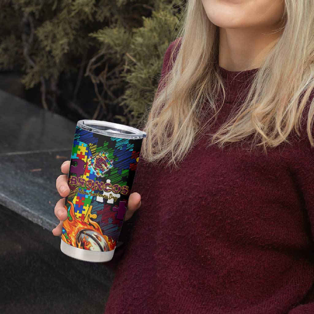 Broncos Autism Awareness Tumbler Cup Puzzle Flames Rugby Ball