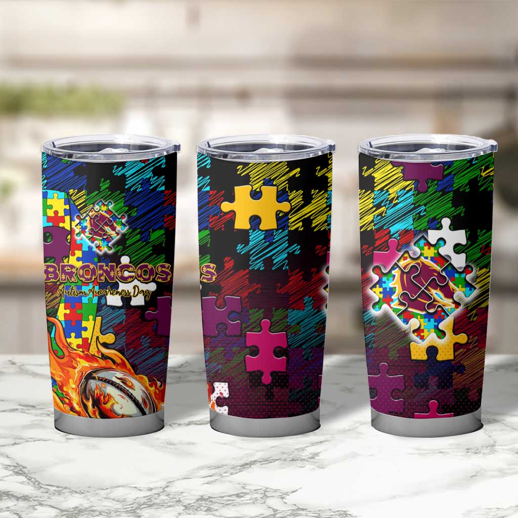 Broncos Autism Awareness Tumbler Cup Puzzle Flames Rugby Ball