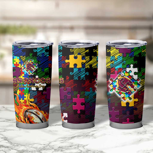 Broncos Autism Awareness Tumbler Cup Puzzle Flames Rugby Ball