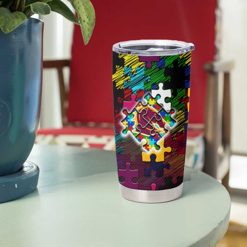Broncos Autism Awareness Tumbler Cup Puzzle Flames Rugby Ball