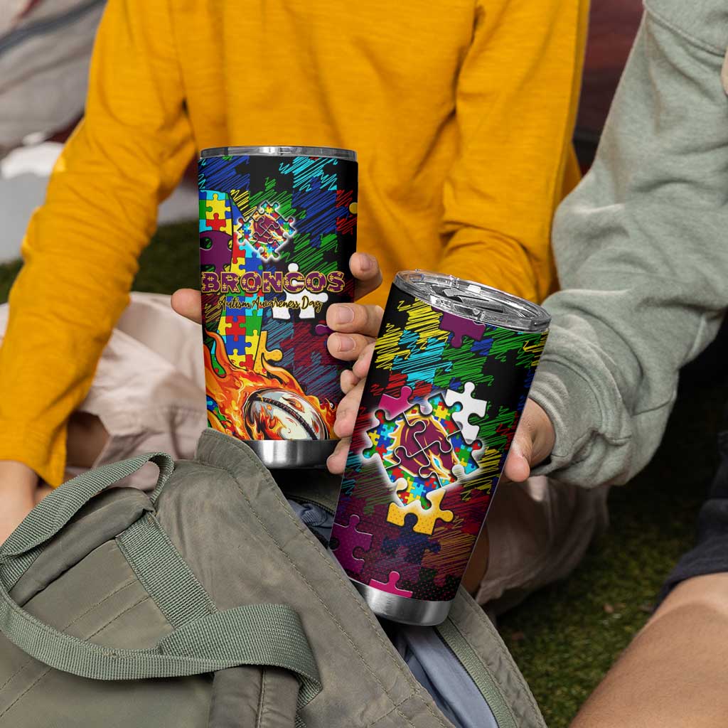 Broncos Autism Awareness Tumbler Cup Puzzle Flames Rugby Ball
