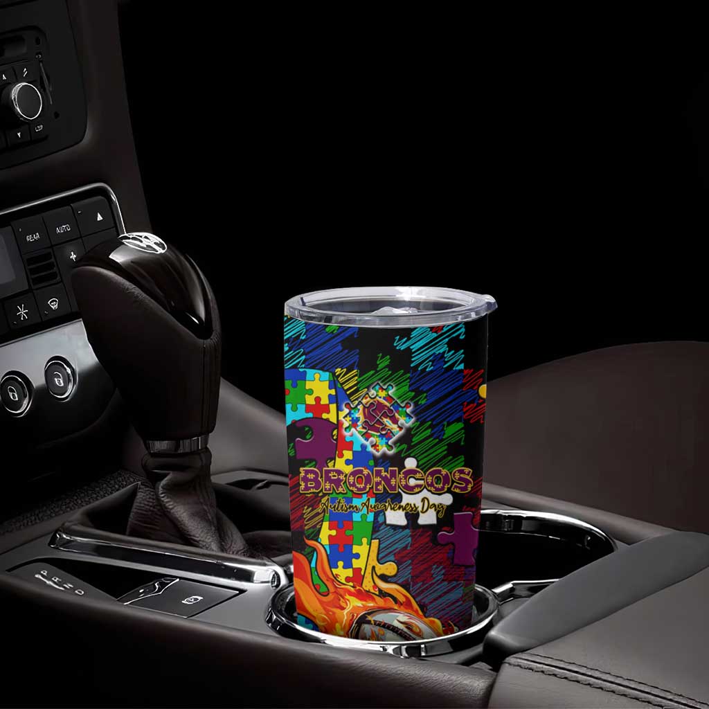 Broncos Autism Awareness Tumbler Cup Puzzle Flames Rugby Ball