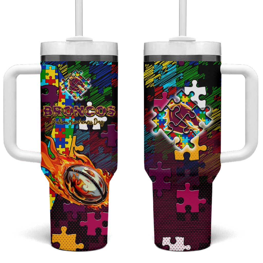 Broncos Autism Awareness Tumbler With Handle Puzzle Flames Rugby Ball