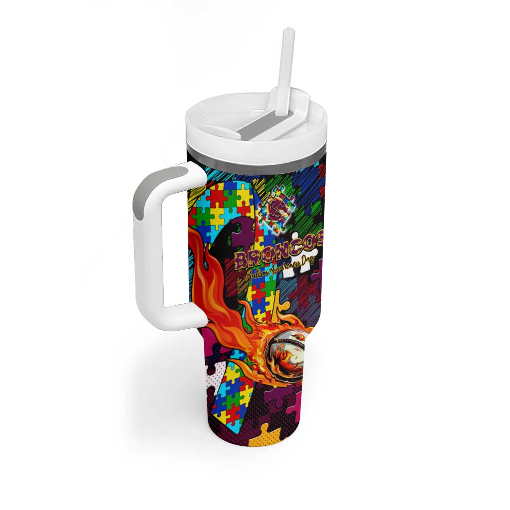 Broncos Autism Awareness Tumbler With Handle Puzzle Flames Rugby Ball