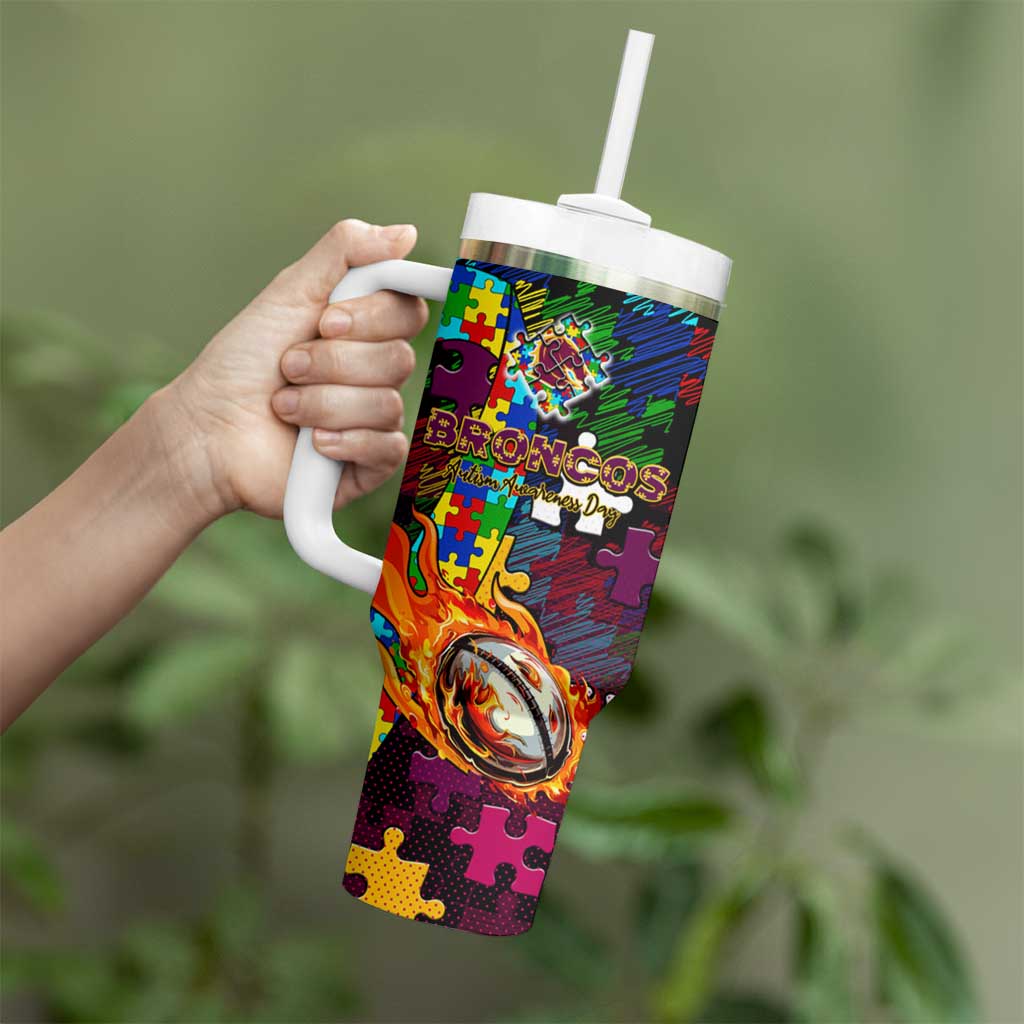 Broncos Autism Awareness Tumbler With Handle Puzzle Flames Rugby Ball