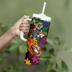 Broncos Autism Awareness Tumbler With Handle Puzzle Flames Rugby Ball