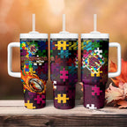 Broncos Autism Awareness Tumbler With Handle Puzzle Flames Rugby Ball