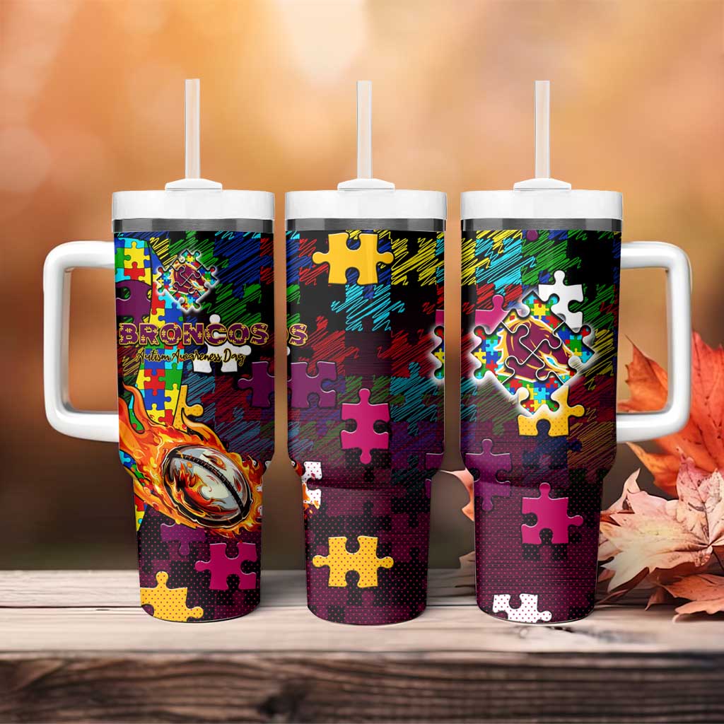 Broncos Autism Awareness Tumbler With Handle Puzzle Flames Rugby Ball