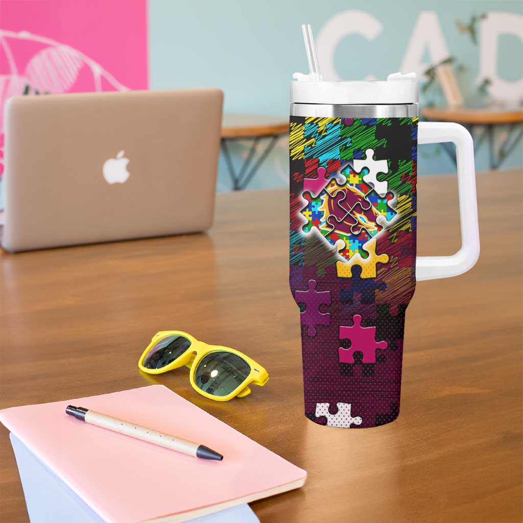 Broncos Autism Awareness Tumbler With Handle Puzzle Flames Rugby Ball