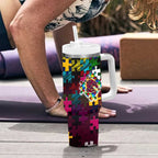 Broncos Autism Awareness Tumbler With Handle Puzzle Flames Rugby Ball