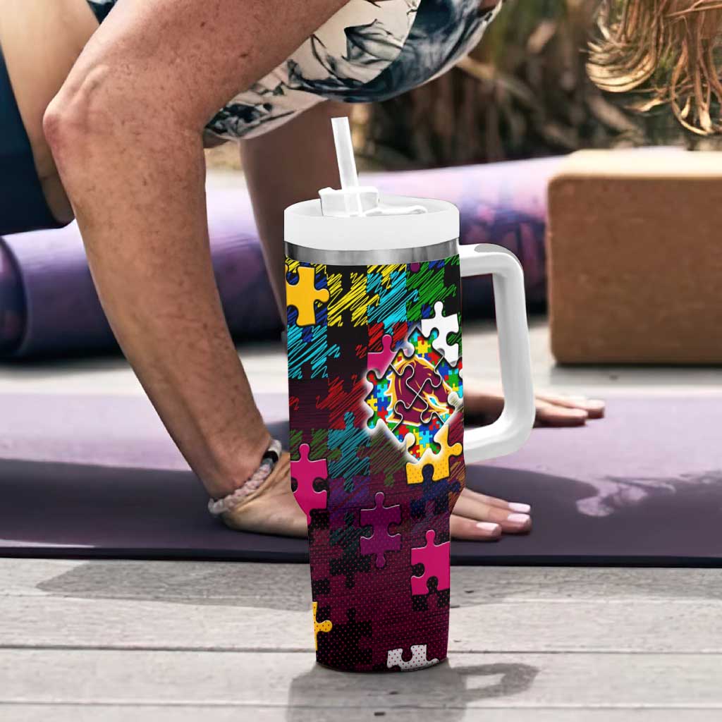 Broncos Autism Awareness Tumbler With Handle Puzzle Flames Rugby Ball