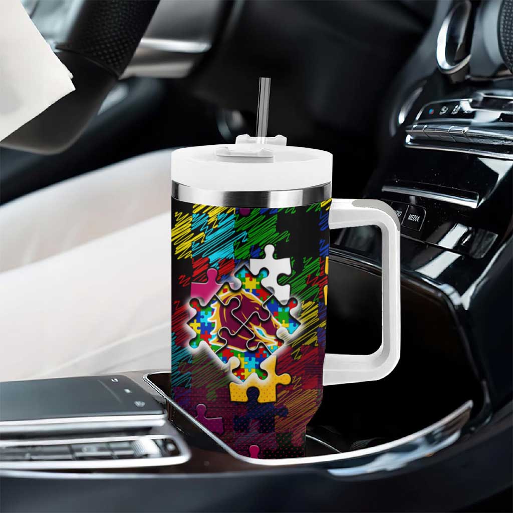 Broncos Autism Awareness Tumbler With Handle Puzzle Flames Rugby Ball