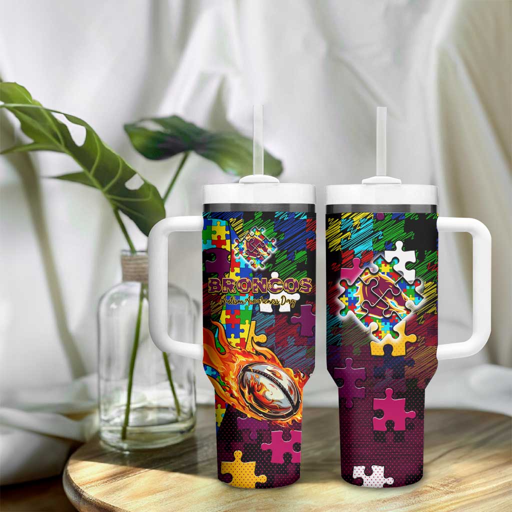 Broncos Autism Awareness Tumbler With Handle Puzzle Flames Rugby Ball