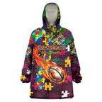 Broncos Autism Awareness Wearable Blanket Hoodie Puzzle Flames Rugby Ball