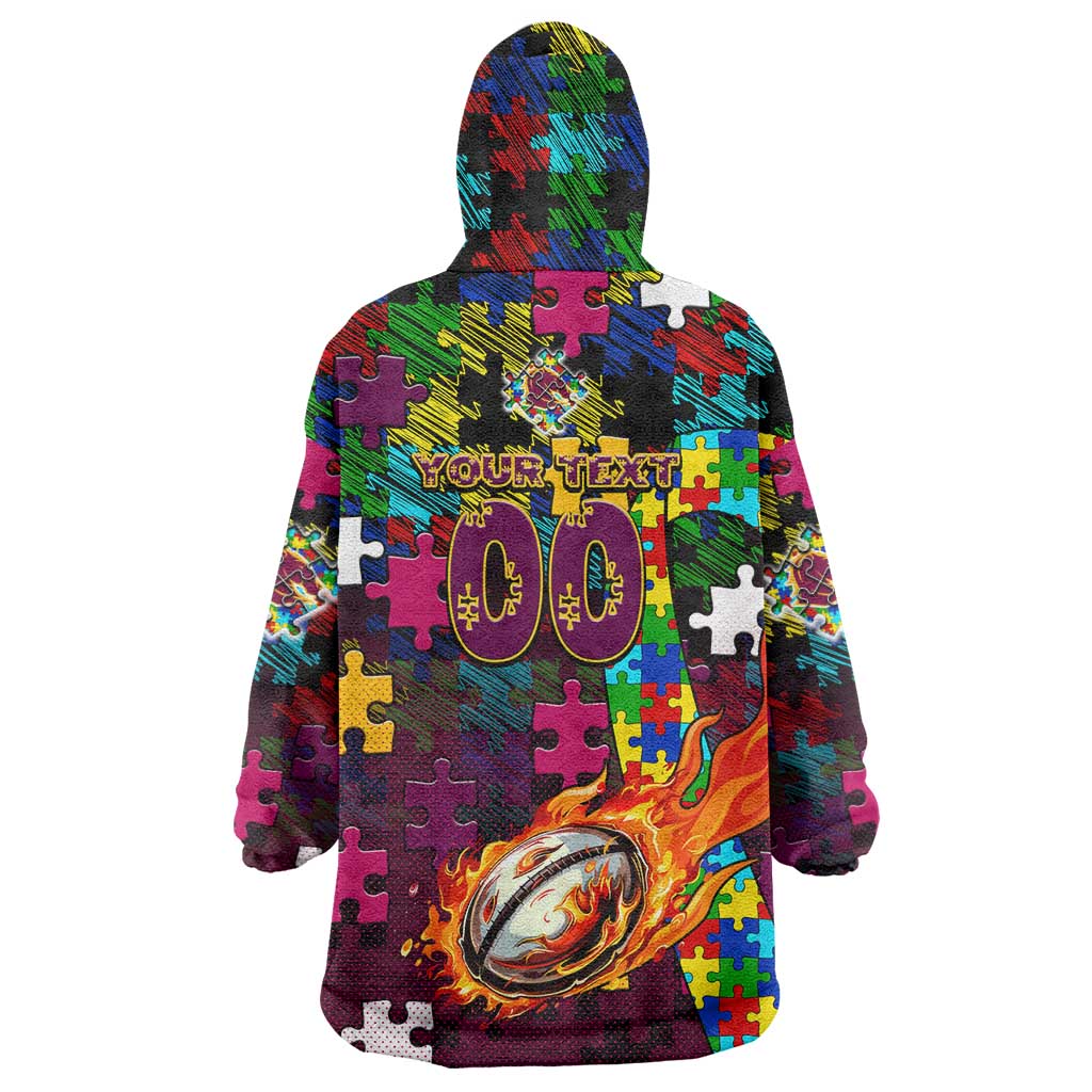 Broncos Autism Awareness Wearable Blanket Hoodie Puzzle Flames Rugby Ball