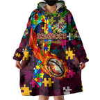 Broncos Autism Awareness Wearable Blanket Hoodie Puzzle Flames Rugby Ball