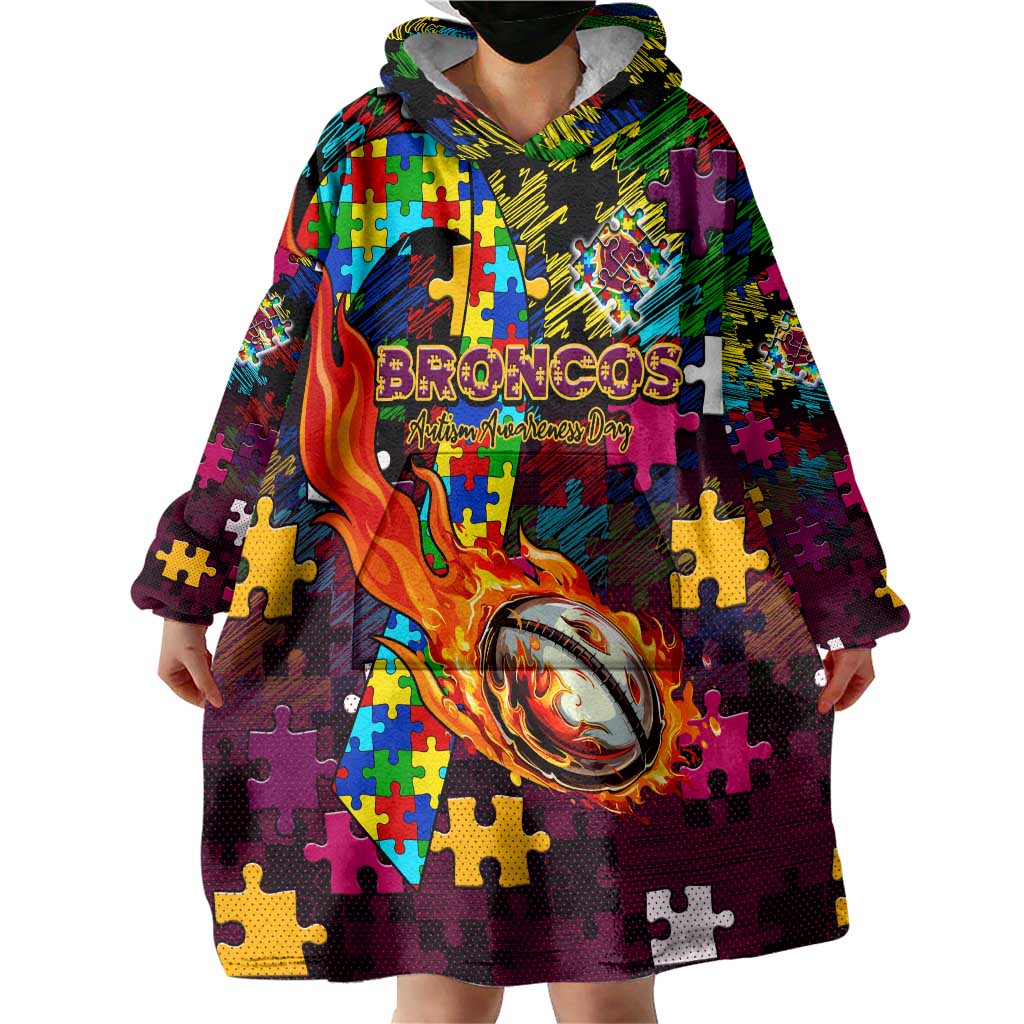 Broncos Autism Awareness Wearable Blanket Hoodie Puzzle Flames Rugby Ball