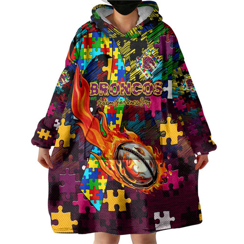 Broncos Autism Awareness Wearable Blanket Hoodie Puzzle Flames Rugby Ball