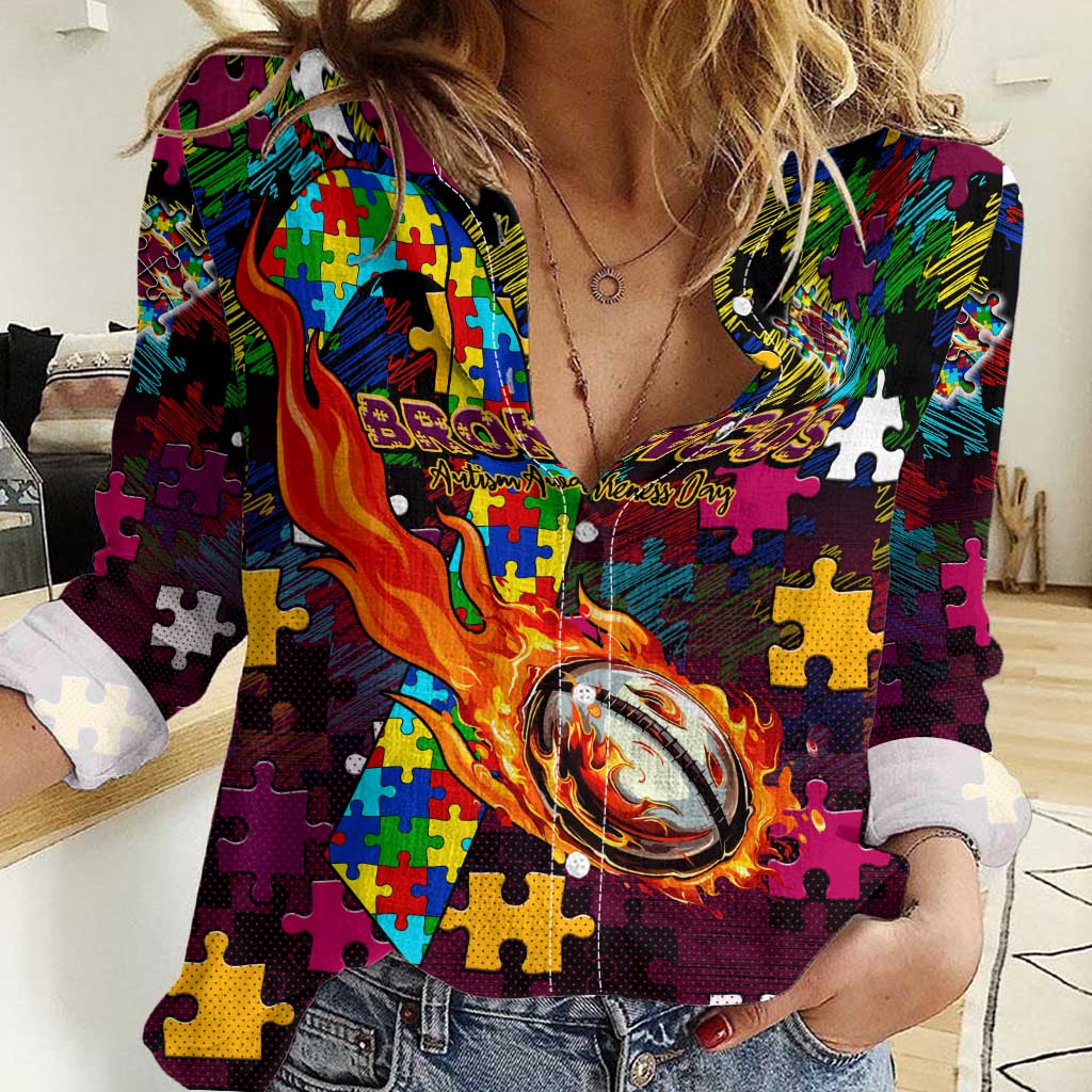 Broncos Autism Awareness Women Casual Shirt Puzzle Flames Rugby Ball