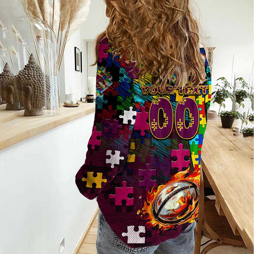 Broncos Autism Awareness Women Casual Shirt Puzzle Flames Rugby Ball