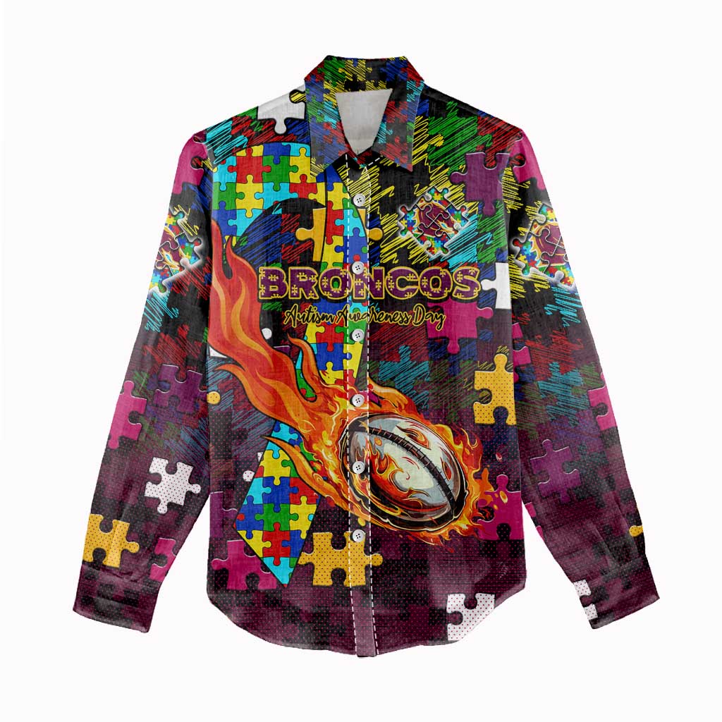 Broncos Autism Awareness Women Casual Shirt Puzzle Flames Rugby Ball
