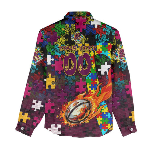 Broncos Autism Awareness Women Casual Shirt Puzzle Flames Rugby Ball