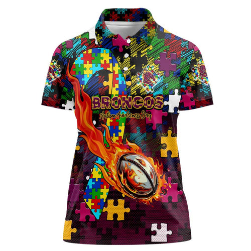 Broncos Autism Awareness Women Polo Shirt Puzzle Flames Rugby Ball