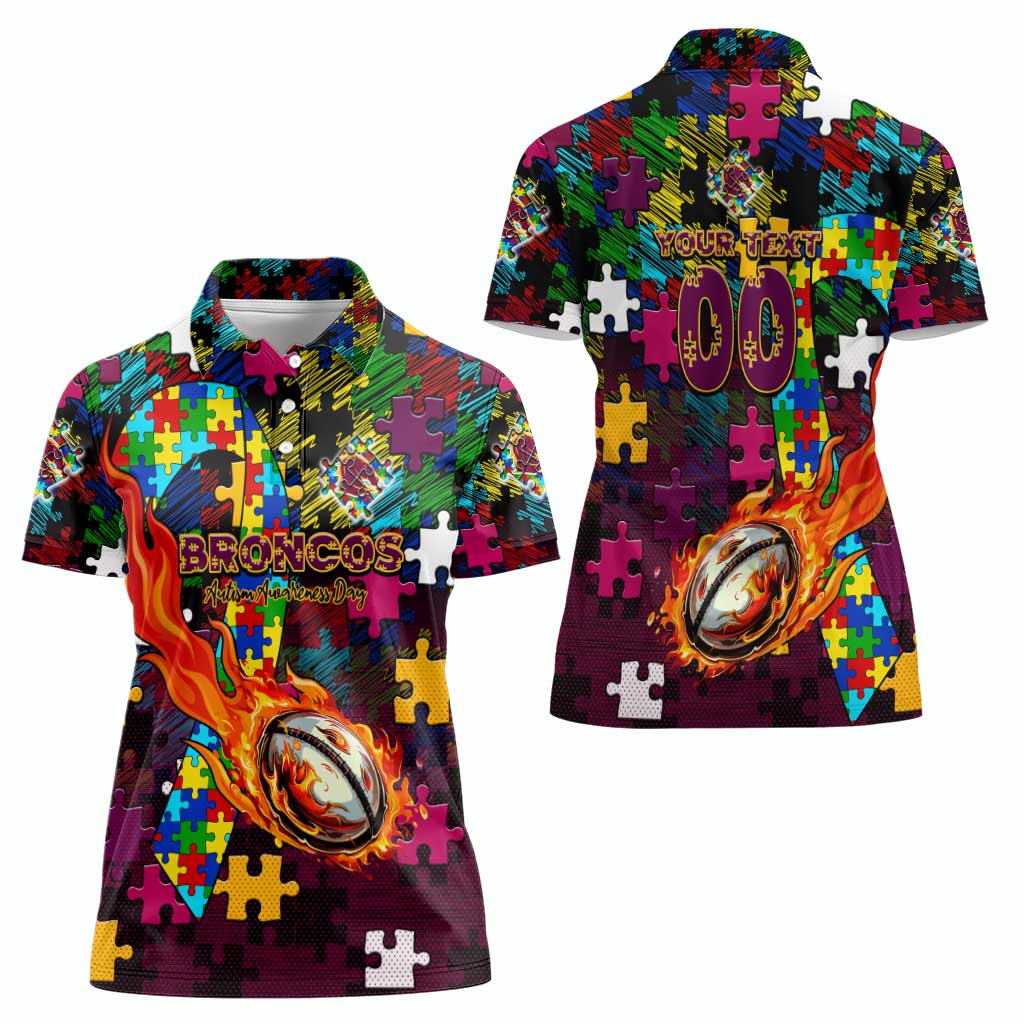 Broncos Autism Awareness Women Polo Shirt Puzzle Flames Rugby Ball