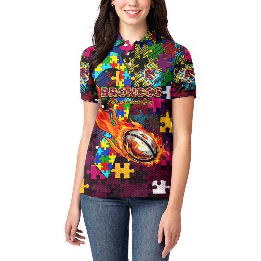 Broncos Autism Awareness Women Polo Shirt Puzzle Flames Rugby Ball