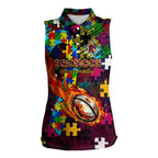 Broncos Autism Awareness Women Sleeveless Polo Shirt Puzzle Flames Rugby Ball
