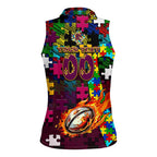 Broncos Autism Awareness Women Sleeveless Polo Shirt Puzzle Flames Rugby Ball