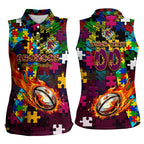 Broncos Autism Awareness Women Sleeveless Polo Shirt Puzzle Flames Rugby Ball