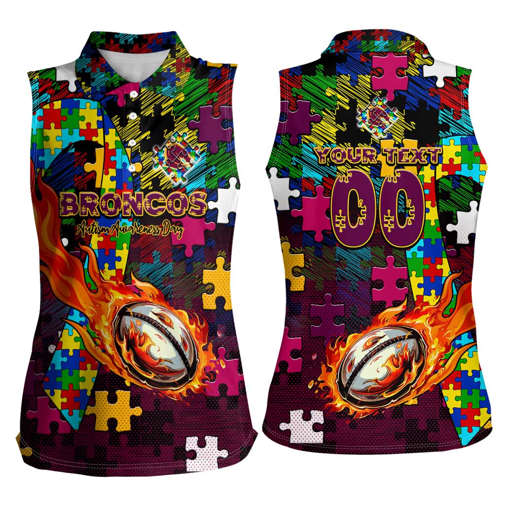 Broncos Autism Awareness Women Sleeveless Polo Shirt Puzzle Flames Rugby Ball