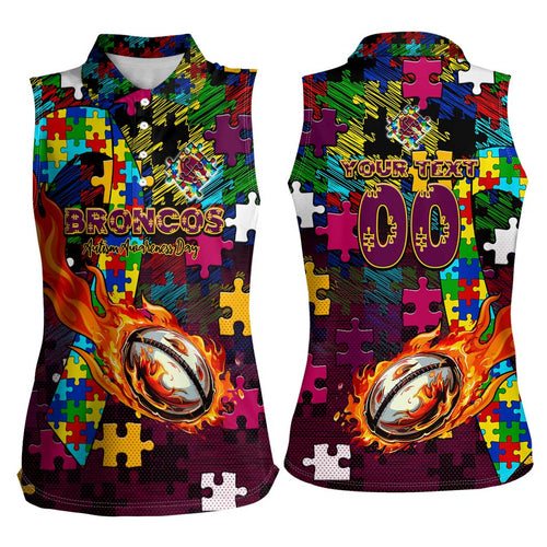 Broncos Autism Awareness Women Sleeveless Polo Shirt Puzzle Flames Rugby Ball