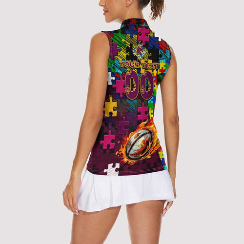 Broncos Autism Awareness Women Sleeveless Polo Shirt Puzzle Flames Rugby Ball