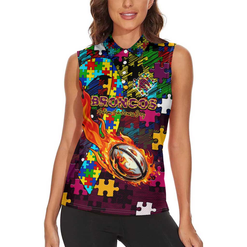 Broncos Autism Awareness Women Sleeveless Polo Shirt Puzzle Flames Rugby Ball