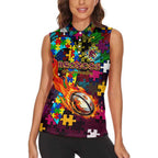 Broncos Autism Awareness Women Sleeveless Polo Shirt Puzzle Flames Rugby Ball