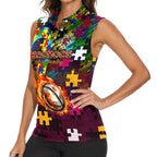 Broncos Autism Awareness Women Sleeveless Polo Shirt Puzzle Flames Rugby Ball