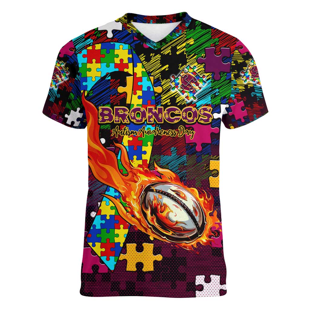Broncos Autism Awareness Women V-Neck T-Shirt Puzzle Flames Rugby Ball