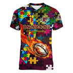 Broncos Autism Awareness Women V-Neck T-Shirt Puzzle Flames Rugby Ball