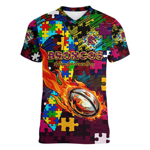 Broncos Autism Awareness Women V-Neck T-Shirt Puzzle Flames Rugby Ball