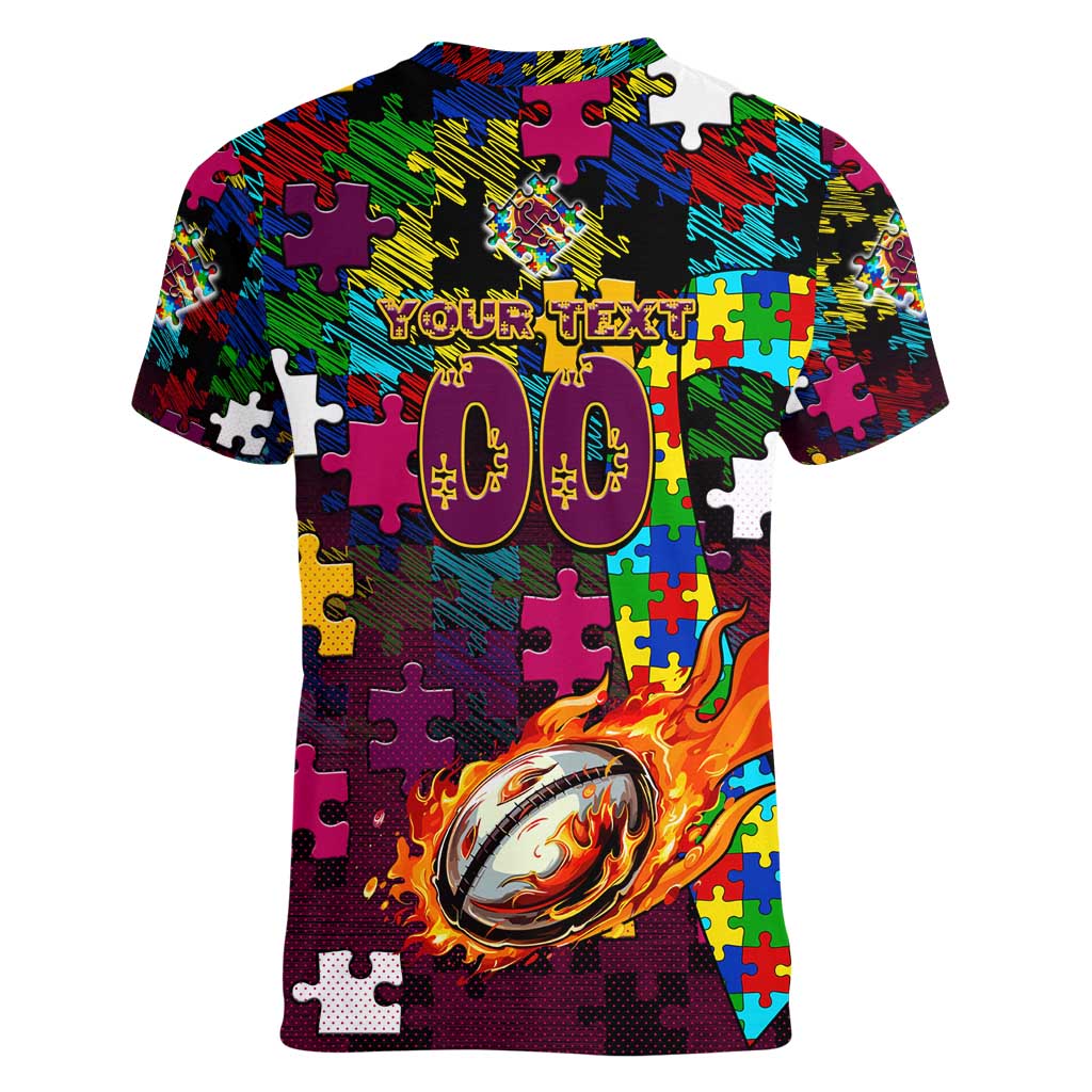 Broncos Autism Awareness Women V-Neck T-Shirt Puzzle Flames Rugby Ball