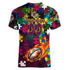 Broncos Autism Awareness Women V-Neck T-Shirt Puzzle Flames Rugby Ball
