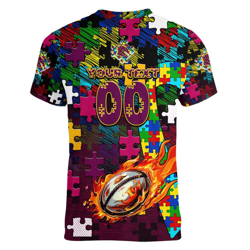 Broncos Autism Awareness Women V-Neck T-Shirt Puzzle Flames Rugby Ball