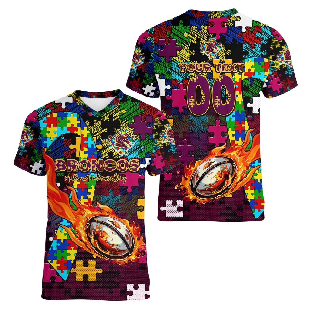 Broncos Autism Awareness Women V-Neck T-Shirt Puzzle Flames Rugby Ball