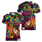 Broncos Autism Awareness Women V-Neck T-Shirt Puzzle Flames Rugby Ball