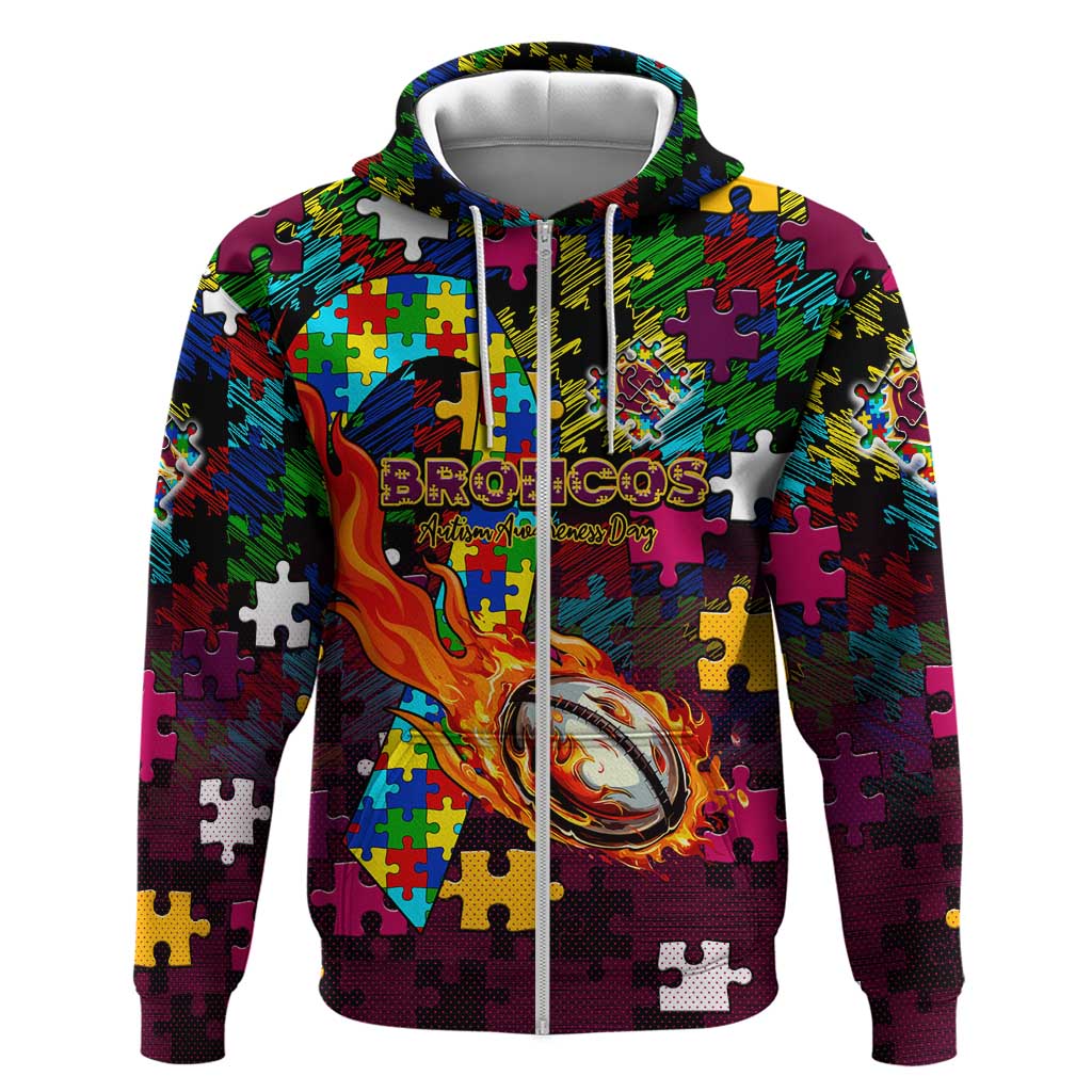 Broncos Autism Awareness Zip Hoodie Puzzle Flames Rugby Ball